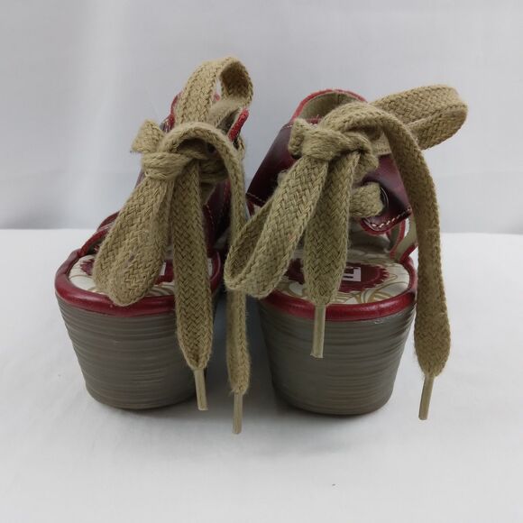 Fly London YOWN Dark Red Wedge Peep Toe Sandals Lace Up  Womens Size 38 US 7.5 8 - Picture 13 of 16